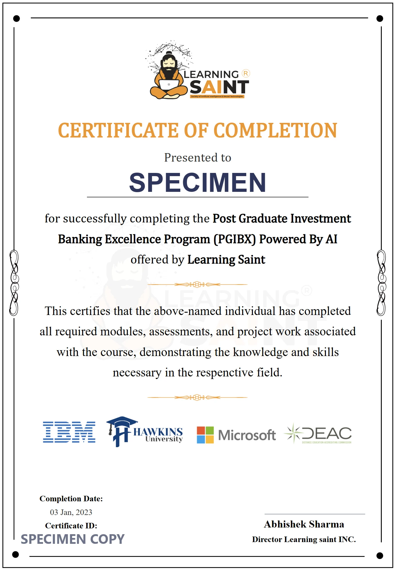 Specimen Certificate of Completion awarded by Learning Saint, with the learner name, certificate ID and signature removed